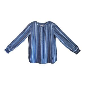 LOFT Ann Taylor Size M Blouse Blue White Vertical Striped 1/2 Buttons Cotton 40"